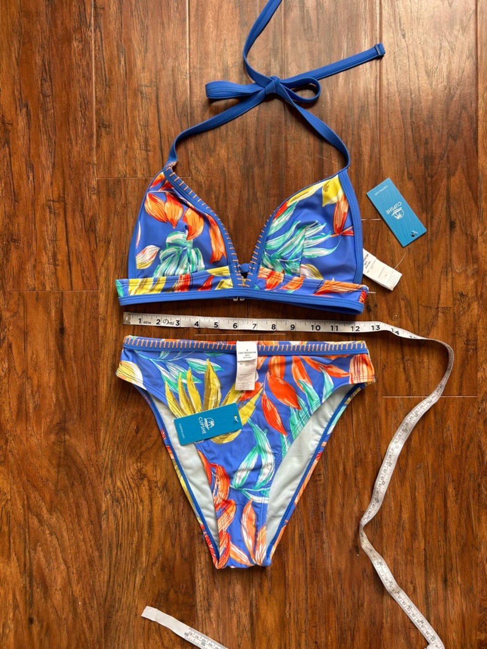 Cupshe Blue Tropical Triangle Bikini Set with Orange & Green Leaf Print - Picture 9 of 10